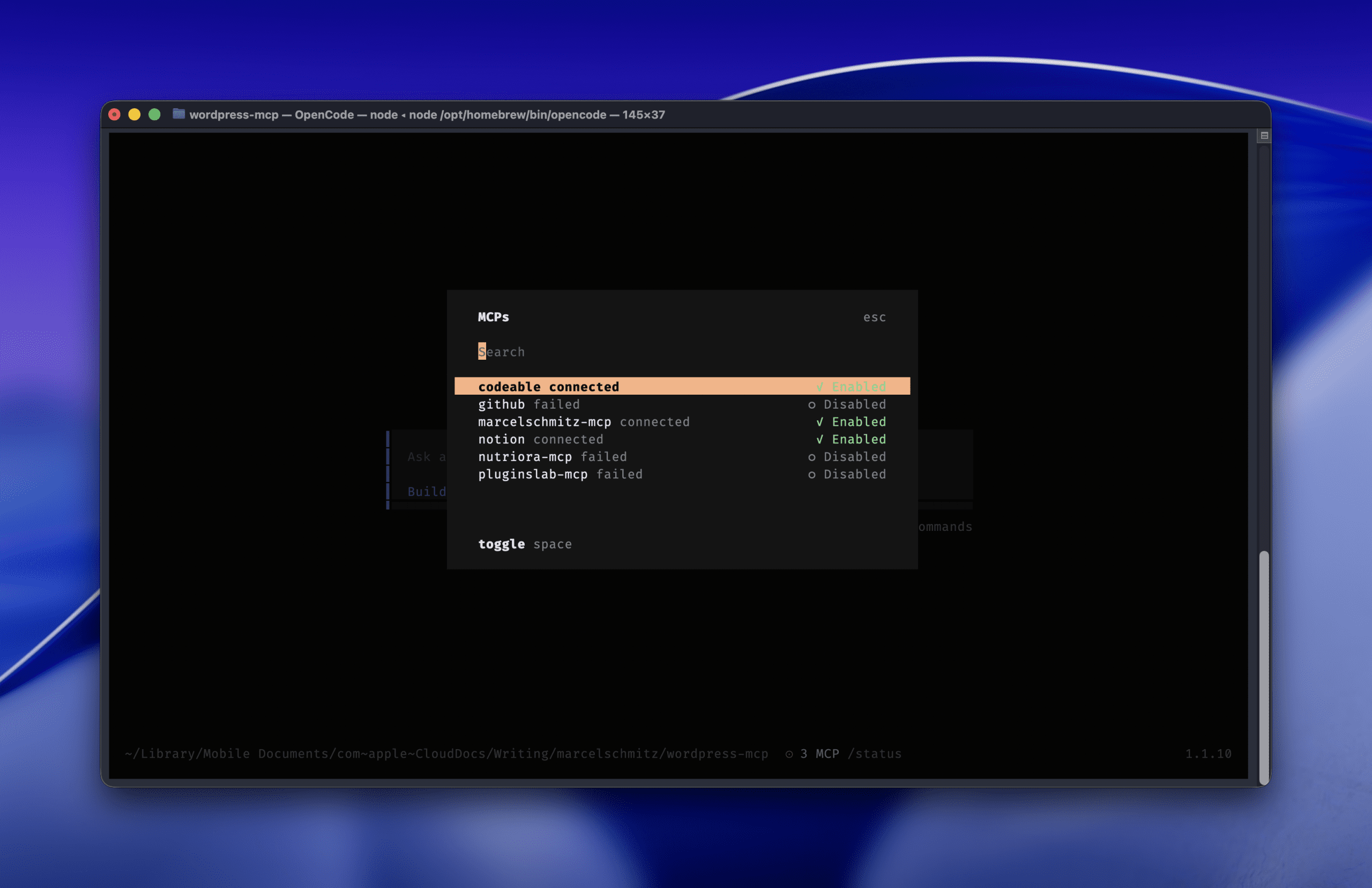 OpenCode MCP servers panel showing WordPress MCP connection to marcelschmitz.com with connected status for agentic development workflow